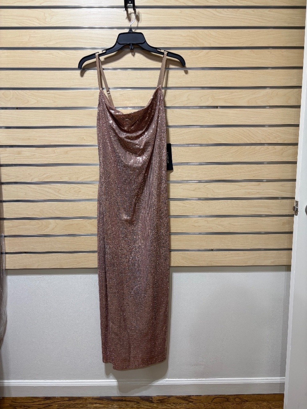 Bebe Cowl Neck Shimmer Rose Gold Sequin Maxi Slip Dress Baddie Y2K XL NWT